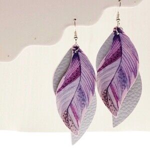 Lavender Two Layer PU Leather Feather Leaf Earring